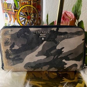 Prada Saffiano Camouflage Print Zip Around Wallet Vintage